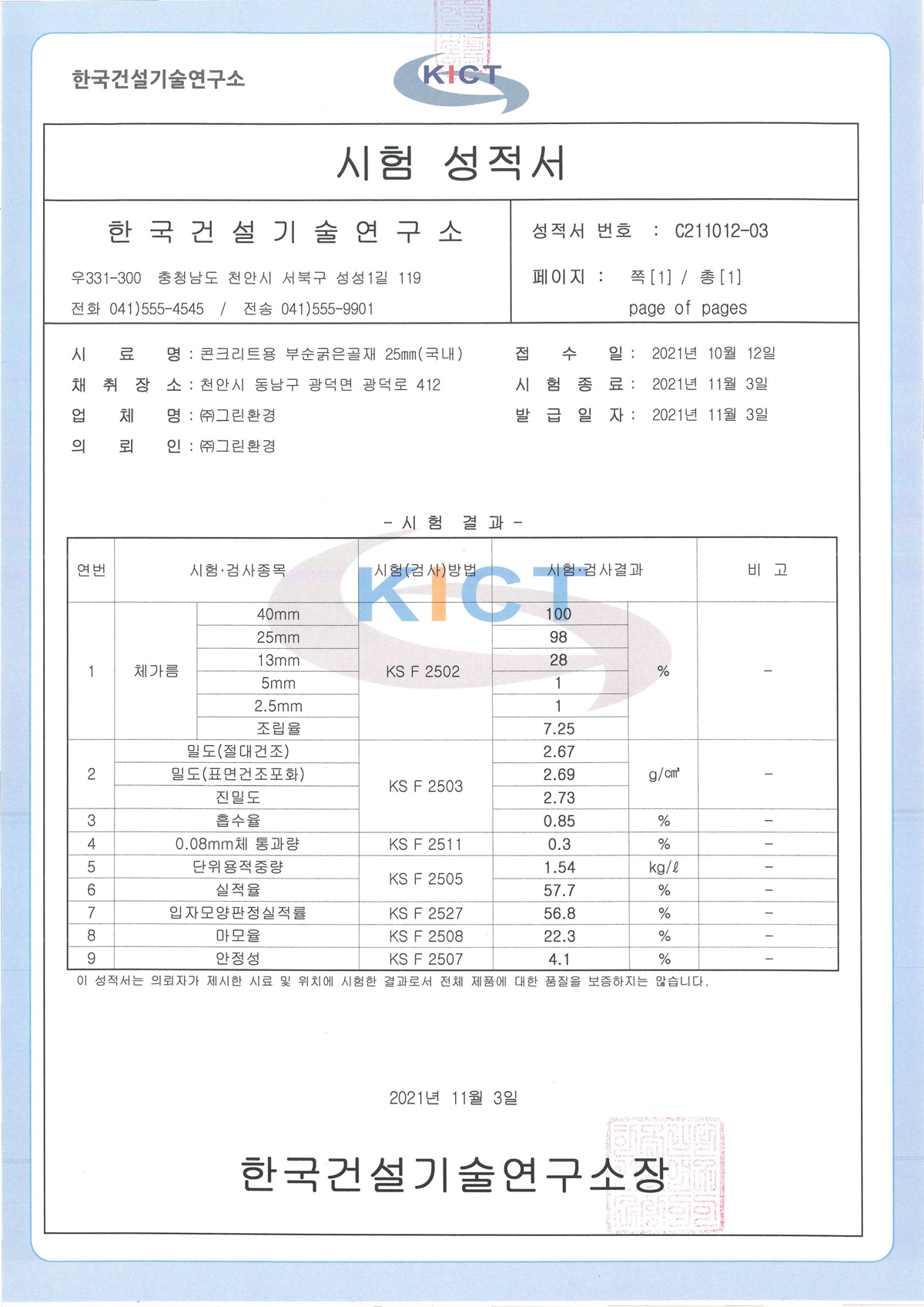 석분 시험 성적서